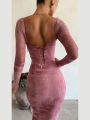 Women Fashion Lace Patchwork Print Dress Backless Drawstring Tie Bodycon Long Robes Elegant Ladies Evening Party Vestidos.