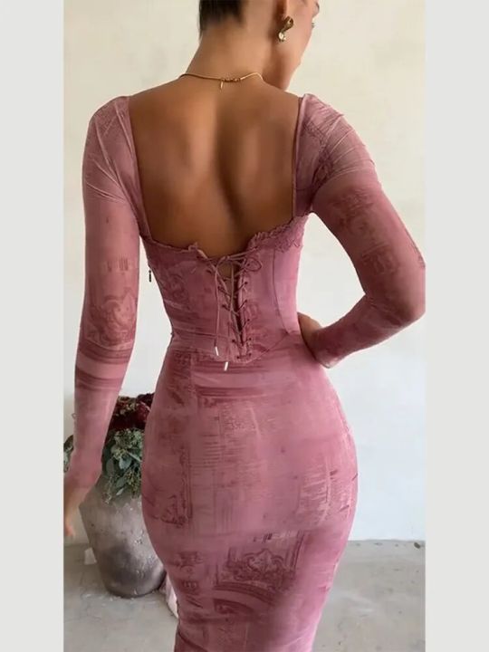 Women%20Fashion%20Lace%20Patchwork%20Print%20Dress%20Backless%20Drawstring%20Tie%20Bodycon%20Long%20Robes%20Elegant%20Ladies%20Evening%20Party%20Vestidos%20-%20Image%205