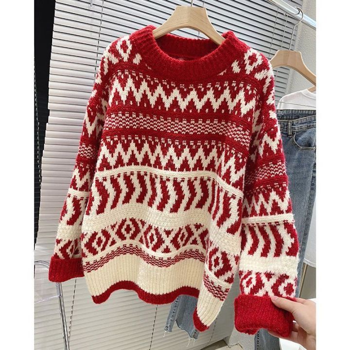 Christmas Red Sweater Women's Autumn and Winter New Popular Retro Loose Soft Glutinous Western Style Knitted Top