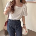 Genaisha New Style Ladies Short-Sleeve Top Trend Korean Version Solid Color Girl Square Neck T-Shirt. 