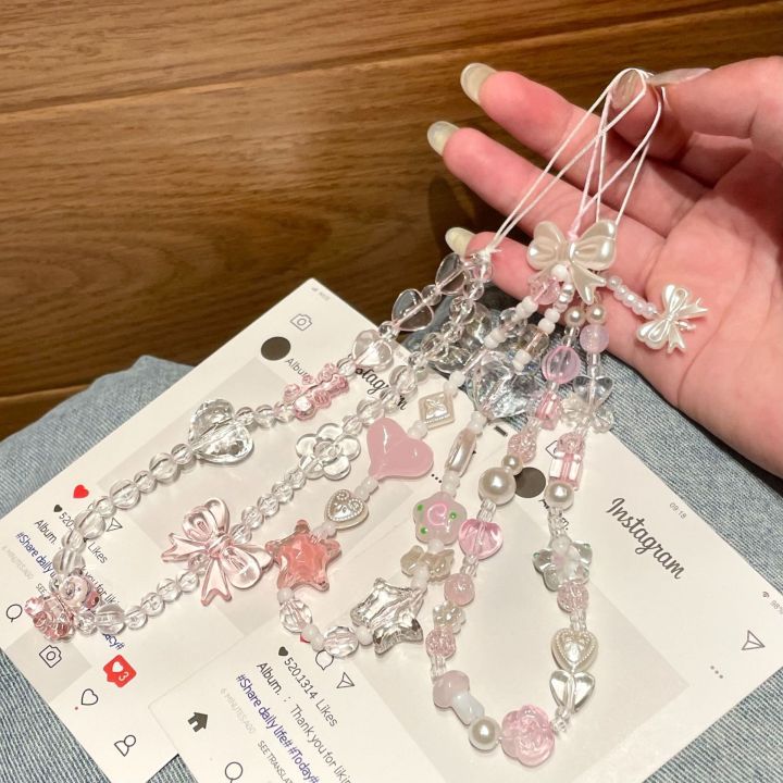 Beaded Phone Chain Charm Lanyard for iPhone Samsung, Cute Baroque White Bow, Flower Charm, Universal Accessories Jewelry Pendant