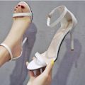 Women High Thin Heels Sandal Black White Metal Buckle Open Toe Party Ankle Strap Solid Dress Pump Shoes Salto Alto Feminino. 