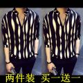 Online Red VIP Shirt Social Casual Korean Style Trend Hair Stylist Striped Pullover Shirt. 