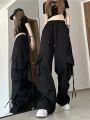 Women Y2K Korean Cargo Pants Hip Hop Loose Causal Wide Leg Pants Fashion High Waist Baggy Streetwear Multi Pockets Sweatpants.