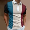 Men's Solid Color Striped Polo Shirt Short Sleeve Golf Turn-down Collar Zipper Polo Shirt for Men Casual Streetwear Summer Tops. 