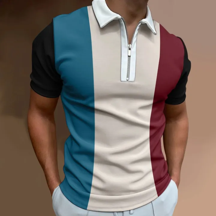 Men's Solid Color Striped Polo Shirt Short Sleeve Golf Turn-down Collar Zipper Polo Shirt for Men Casual Streetwear Summer Tops