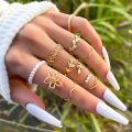 5Pcs/10Pcs Imitation Pearl Leaf Flower Rings Set For Women Rhinestone Butterfly Finger Ring Metal Knuckle Finger Ring Jewelry.