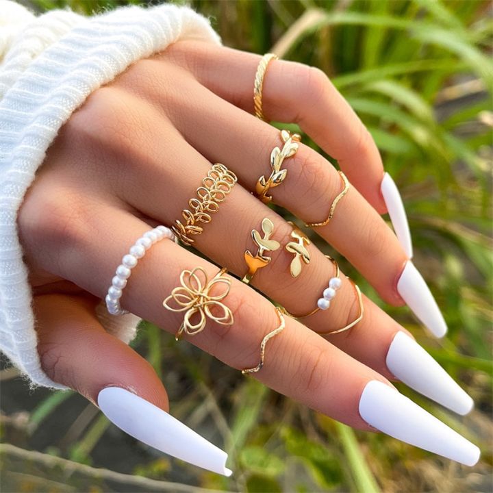 5Pcs/10Pcs%20Imitation%20Pearl%20Leaf%20Flower%20Rings%20Set%20For%20Women%20Rhinestone%20Butterfly%20Finger%20Ring%20Metal%20Knuckle%20Finger%20Ring%20Jewelry%20-%20Image%203