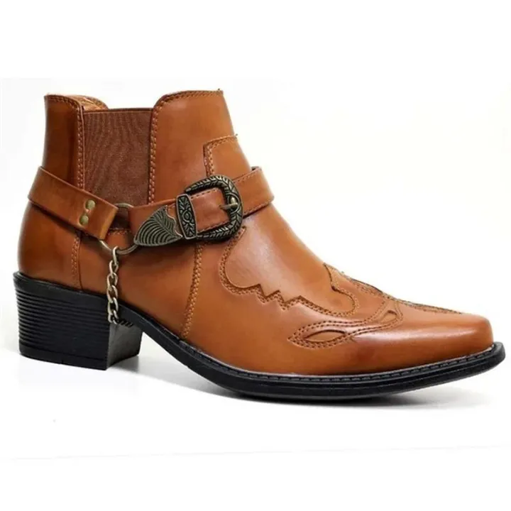Handmade 2023 Men's Vintage Cowboy Boots Leather High Top Chain Buckle Strap Punk Shoes Pointed Toe Motorcycle Boots for Men BunnyGarden