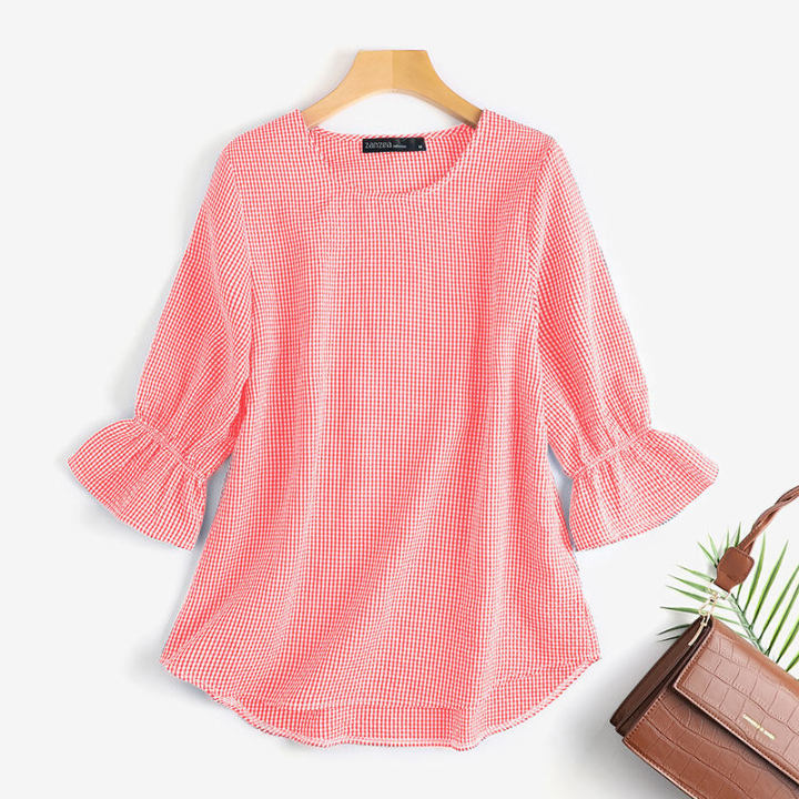 ZANZEA%20Women%20Fashion%20Short%20Sleeve%20Plaid%20Check%20Shirt%20Blouse%20Asymmetrical%20Hem%20Loose%20Tops%20#2%20-%20Image%209