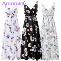 Amamia Party Dress Deep V Neck Floral Print Waist Tight Slit Hem Dress. 