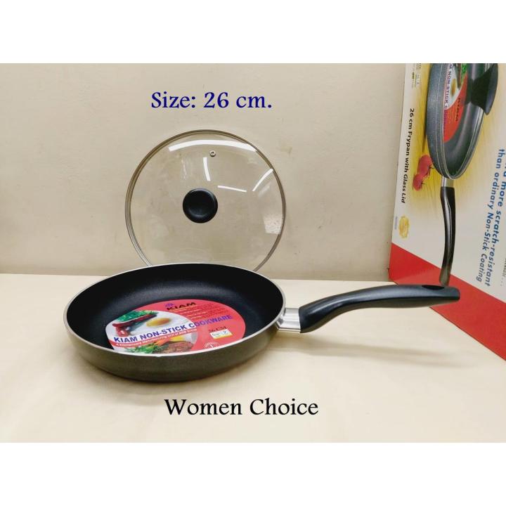 26 cm Kiam Aluminum Non-Stick Deep Frying Pan Lid & Long Handle. Non Stick Fry Pan With Glass Lid. CD:P040.