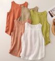 Women's Summer Loose Simple Orange Tank Top O-Neck Side Button Design Solid Pullover Sleeveless T-shirt.