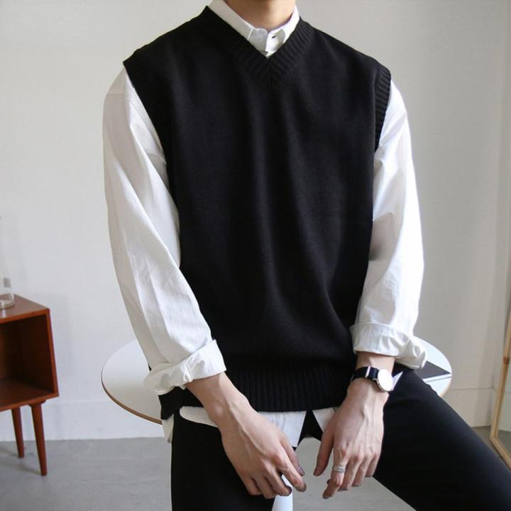 Men's Sleeveless Sweater Vest Simple All-match V Neck Solid Basic Cozy Tops Korean Style Ins Knitted Plus Size M-3XL