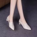 Versatile pumps with soft leather pointed-toe block heel fashion pointed-toe spring fall 2023 new high heels women's mid-heel singles. 