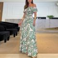 Sleeve slanted collar floral float summer dress women's 2024 dress casual beach style off-the-shoulder short bohemian maxi dress. 