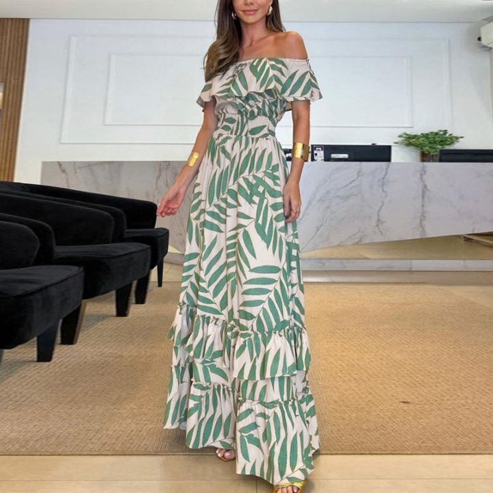 Sleeve slanted collar floral float summer dress women's 2024 dress casual beach style off-the-shoulder short bohemian maxi dress