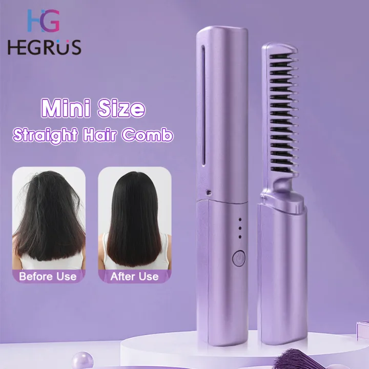 HEGRUS%202%20in%201%20Mini%20Straight%20Hair%20Comb%20Straightening%20Curling%20Brush%20Fast%20Heating%20Negative%20Ion%20Wireless%20Hair%20Straightener%20Gift%20Metal%20Ceramic%20Heating%20Element%20Styling%20Tools%20Women%20-%20Image%202