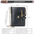 Retro Men Double Zipper Short Wallet Portable Multi-slot Mini Purse Card Holder with Chain Fashion Solid Color PU Leather Burse.