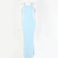 Articat Sleeveless Spaghetti Strap Dress Women O Neck Solid Slit Maxi Dress Spring Summer.