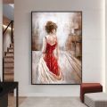 Original Hand-painted The Girl In A Red Dress Abstract Figure Art Oil Painting Wall Painting with Cotton Fabric for Living Room. 