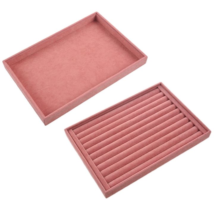2x Pink Velvet Jewelry Ring Display Organizer Case Tray Necklace Earrings Bangle Storage Box Round Bar & Empty Dish