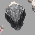 Women 1920s Sequined Shawl with Tassels Beaded Pearl Fringe Solid Color Sheer Mesh Wraps Gatsby Flapper Bolero Cape Cover Up. 
