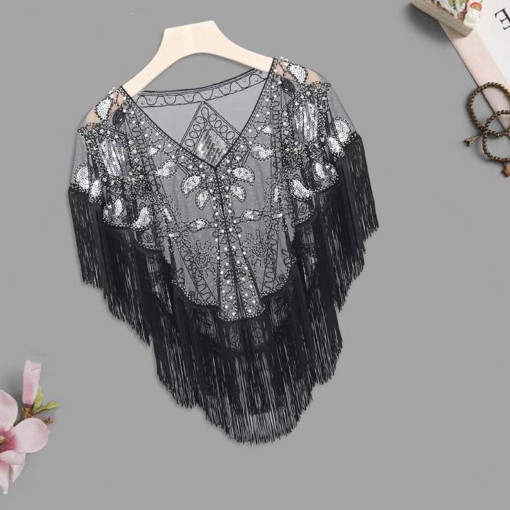 Women%201920s%20Sequined%20Shawl%20with%20Tassels%20Beaded%20Pearl%20Fringe%20Solid%20Color%20Sheer%20Mesh%20Wraps%20Gatsby%20Flapper%20Bolero%20Cape%20Cover%20Up%20-%20Image%205