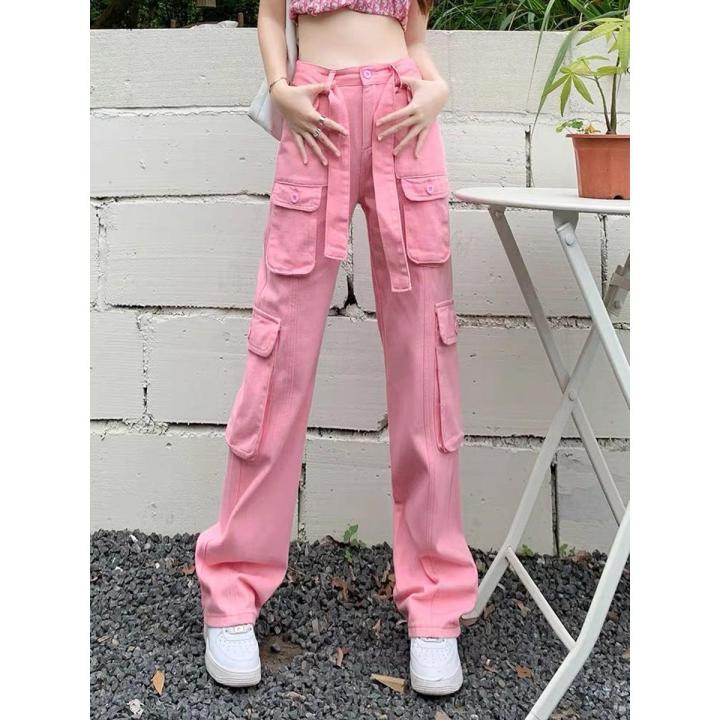 Pink Jeans Overalls Women's Summer Thin High Waist Slimming and Straight Loose Casual Wide Leg Mop Pantsins
