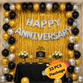 Happy Anniversary Decoration Combo Pack - Golden Curtains Backdrop, Silver Foil Banner Balloons, Metallic Balloons (Golden, Black & Silver) Decoration Set Full Package- (Pack of 33 Pcs). 