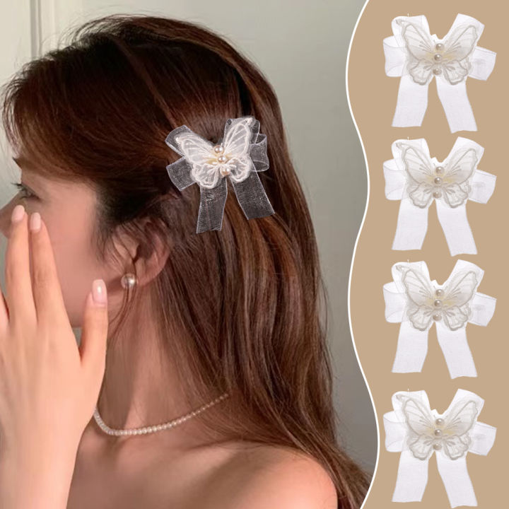 Super%20Fairy%20White%20Mesh%20Butterfly%20Pearl%20Hair%20Clips%20Female%20Senzheng%20Xianmei%20Bow%20Small%20Hairpin%20Side%20Braided%20Hair%20Headdresses%20-%20Image%202