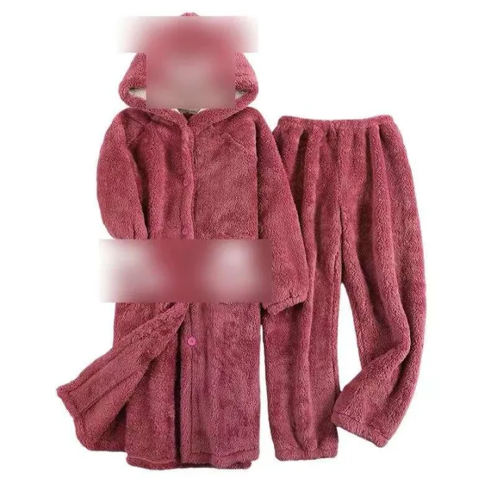 New%20Melody%20Autumn/Winter%20Peach%20Set%20Long%20Plush%20Couple%20Home%20Fur%20Yellow%20Bear%20Pajamas%20-%20Image%204
