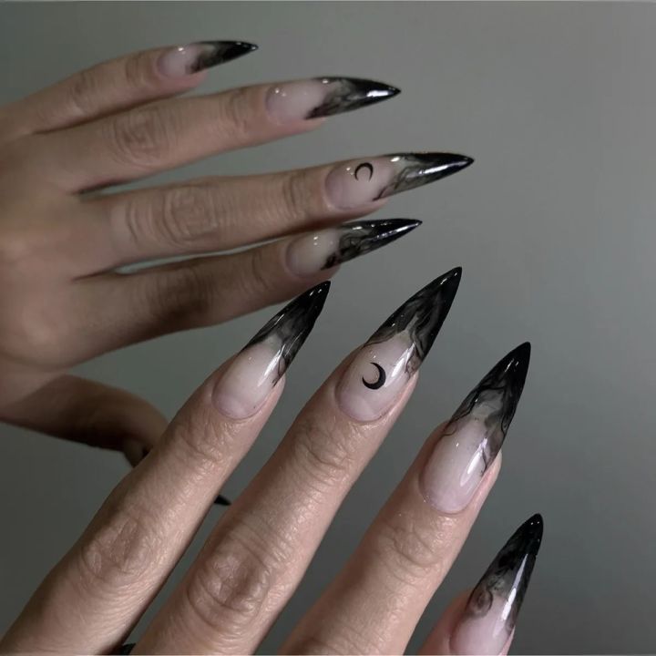 24pcs%20y2k%20Long%20Pointed%20False%20Nails%20Cool%20Girl%20Style%20Silver%20Flame%20Pattern%20Press%20on%20Nails%20Detchable%20Full%20Cover%20Nail%20Patches%20-%20Image%204