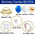 Blue Theme Birthday Decoration Combo Pack With Banner, Net Curtain, Balloons, Confetti Balloons, Balloons Arc and Both Side Tape Full Package- (Pack of 95 Pcs).