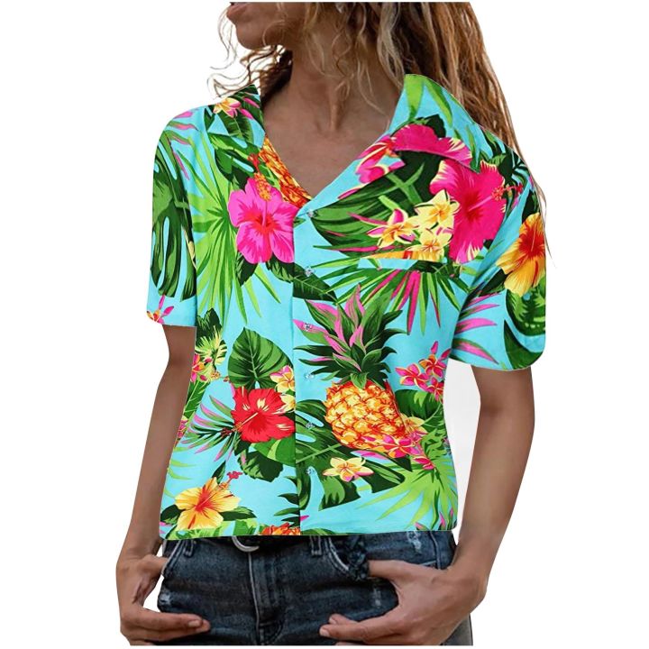 2022 Summer Flower Leafs Printed Hawaiian Shirts Women Short Sleeve Beach Shirts Casual Holiday Party Vacation Blouse Tops Tee