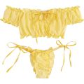 2PCS Off Shoulder Lace Up Bikini Set Women Sweet Casual Short Sleeve Swimsuits Beachwear Bathing Suits Lingerie.
