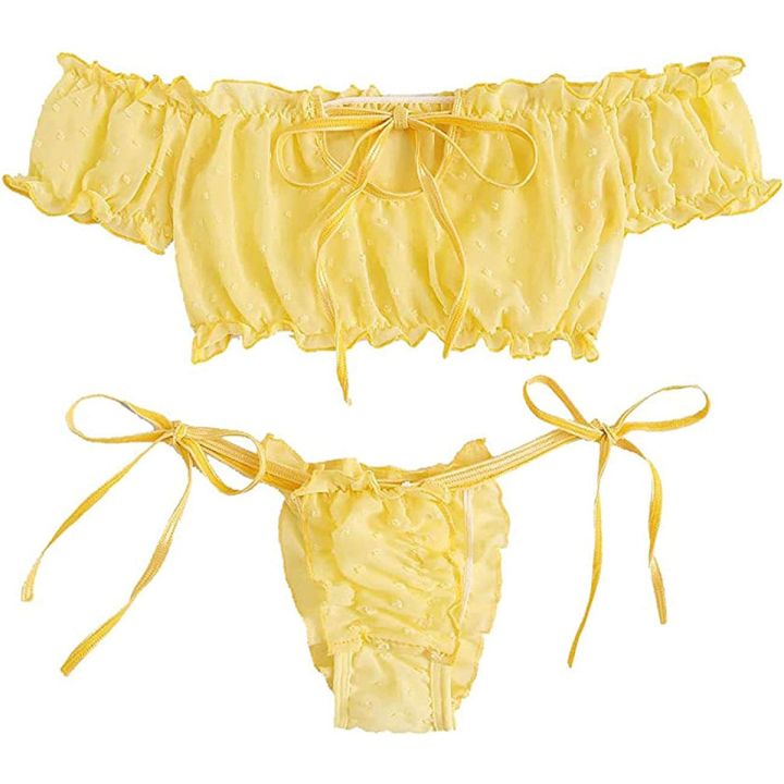 2PCS%20Off%20Shoulder%20Lace%20Up%20Bikini%20Set%20Women%20Sweet%20Casual%20Short%20Sleeve%20Swimsuits%20Beachwear%20Bathing%20Suits%20Lingerie%20-%20Image%202