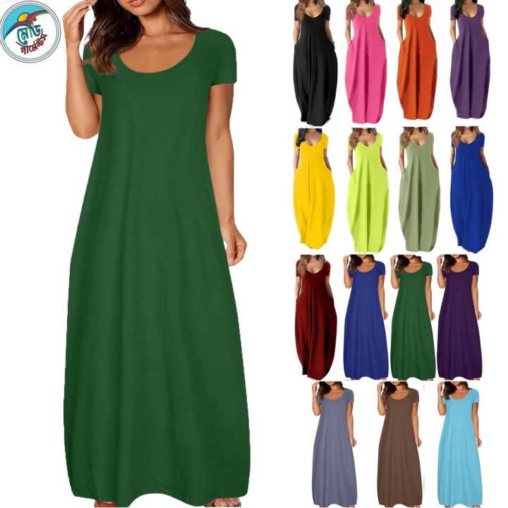 Women’s Cotton Soft Maxi Dress with Pockets – Short Sleeve V-Neck Style
