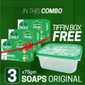 Dettol Soap Original Pack of 3 (75gm X 3), Bathing Bar Soaps with Free Tiffin Box, Protects from 99.99% illness-causing germs. 