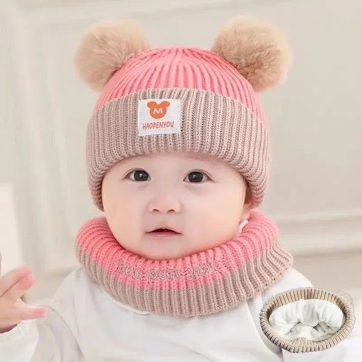 1Set Baby Hat Scarf Set Bear Warm Knitted Children Winter Hat Cap