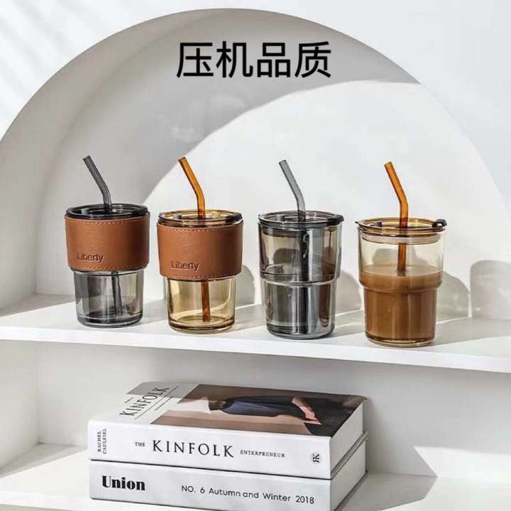 Internet celebrity high aesthetic bamboo joint ins portable coffee with lid creative office glass straw cup
