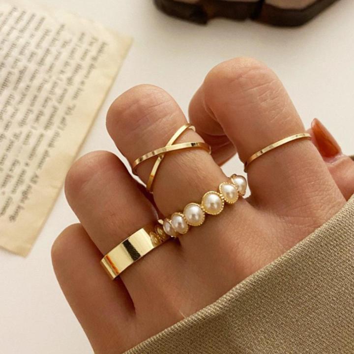 Classical Opening Rings Set New Vintage Inlaid Pearls Accessories 4Pcs/Set