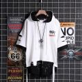 super Fire Ribbon Hooded  Hop Short Sleeve  Hop Fashion T-shirt Men's Fake Two-piece Street Bf Loose Five Sleeve T-shirt. 