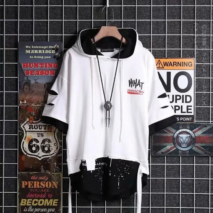super%20Fire%20Ribbon%20Hooded%20%20Hop%20Short%20Sleeve%20%20Hop%20Fashion%20T-shirt%20Men's%20Fake%20Two-piece%20Street%20Bf%20Loose%20Five%20Sleeve%20T-shirt%20-%20Image%205