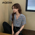 Chic Vintage Floral Printing Button Up Women Shirt Notched Neck Short Sleeve Womens Blouse 2022 Summer Loose Tunic Female Shirts. 