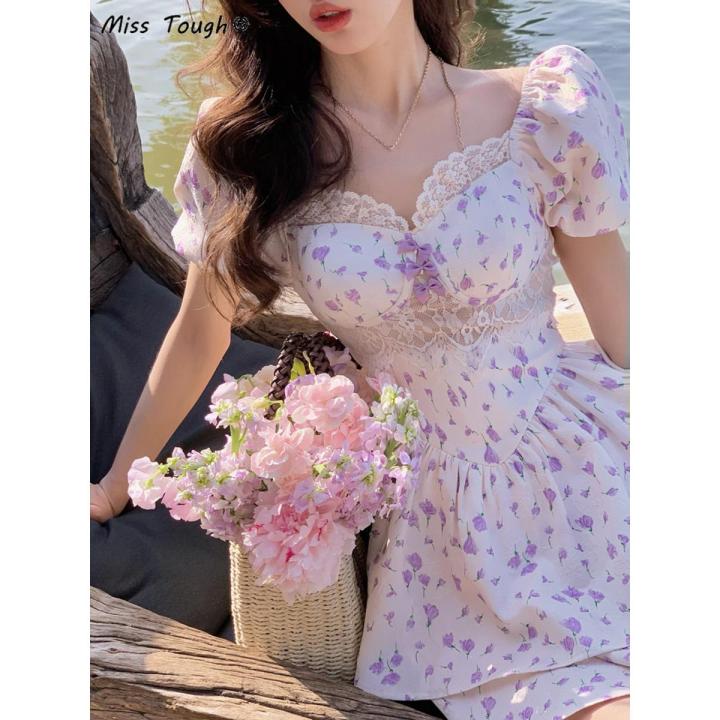 Summer Floral Korea Kawaii Dress Women Purple France Vintage Elegant Party  Mini Dresses Lace Print Casual Sweet Cute Fairy Dress | Daraz.com.bd
