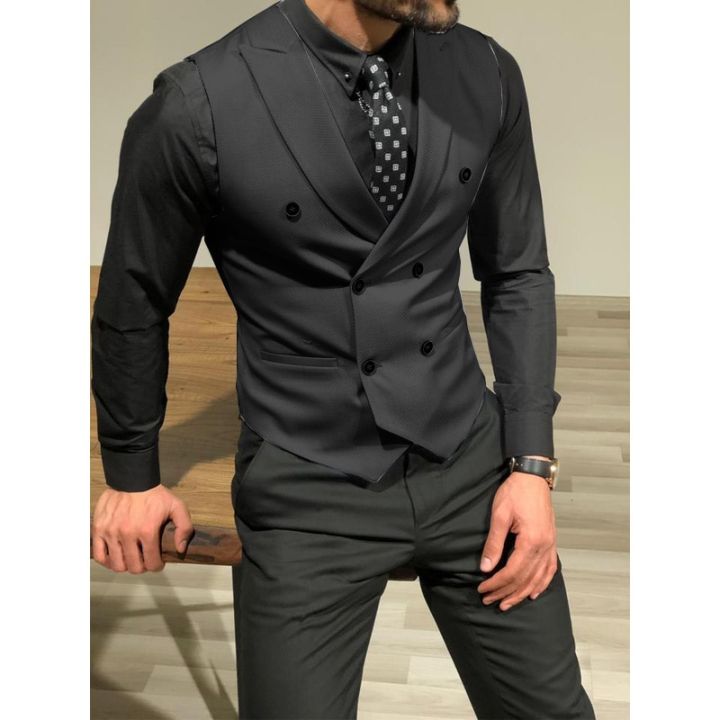 Men's Suit Vest Double Breasted Sleeveless Wedding Groom Vest Retro Slim Fit Work Wear Business Waistcoat