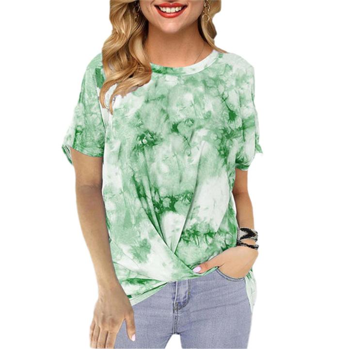 New Women Gradient Tie-dye Printing T-shirt Round Neck Twist Knot Hem Tops Casual Short Sleeve Shirt Blo
