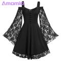 Amamia Women Gothic Cold Shoulder Long Flared Sleeve Waist Tight Bandage Party Dress. 