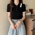 Knitted sweater for women, short-sleeved summer polo shirt with lapel for small people, slim fit, navel-baring short fashion high-waisted top.